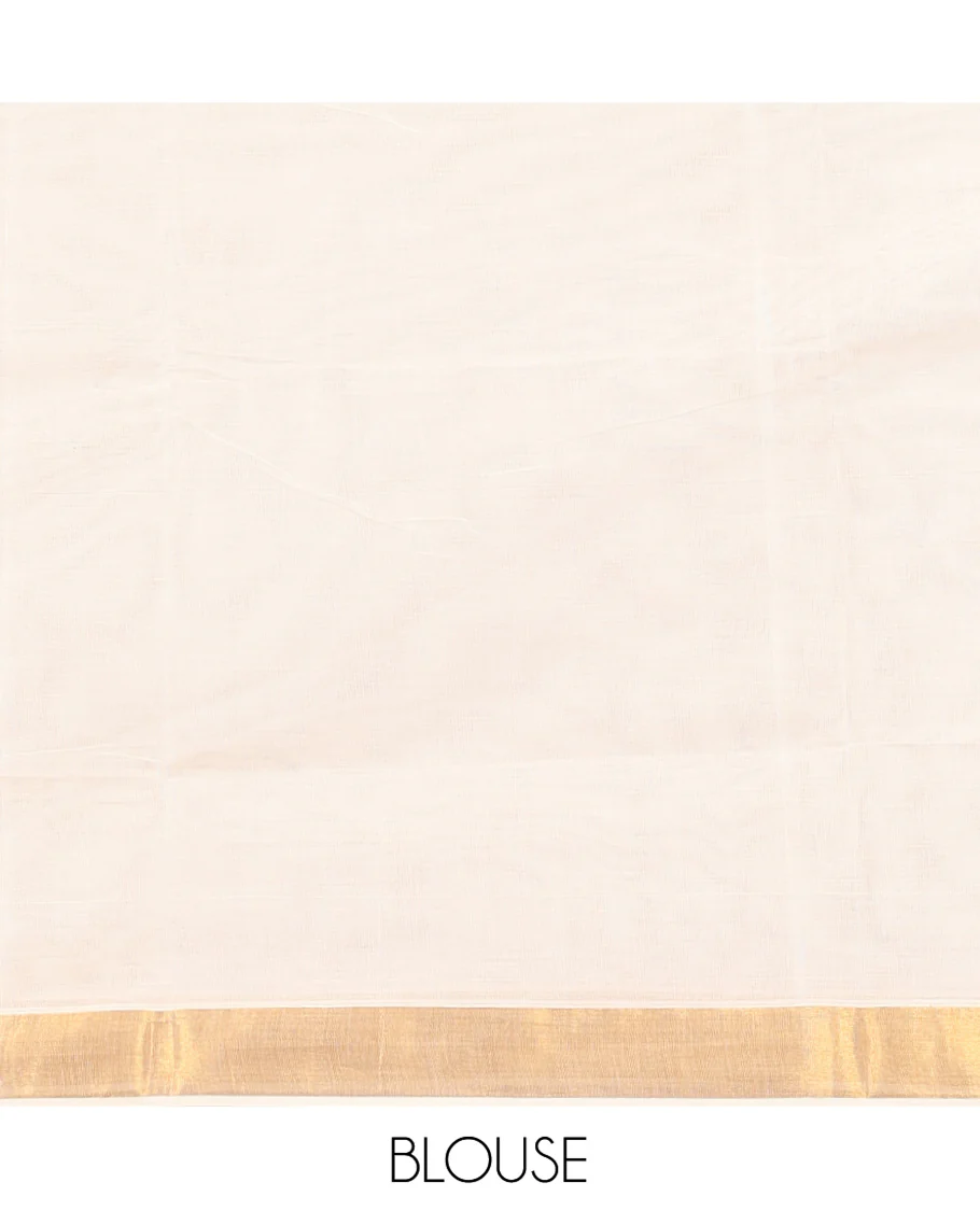 Cream Kerala Cotton Saree, Decked up with Zari Buttas All Over Its Body, a Zari Bavanji Border, Pallu of Intricate Designs, and Paired with a Matching Blouse - Image 3