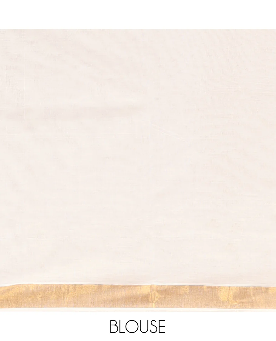 Cream Kerala Cotton Saree, Decorated with Thread and Zari Buttas All Over Its Body, a Zari Bavanji Border, Pallu of Intricate Designs, and Paired with a Matching Blouse - Image 3