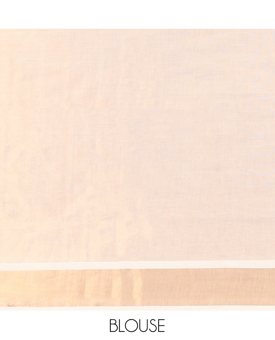 Cream Kerala Cotton Saree, Decorated with Zari Buttas All Over Its Body, a Zari Bavanji Border, Pallu of Intricate Designs, and Paired with a Matching Blouse - Image 3