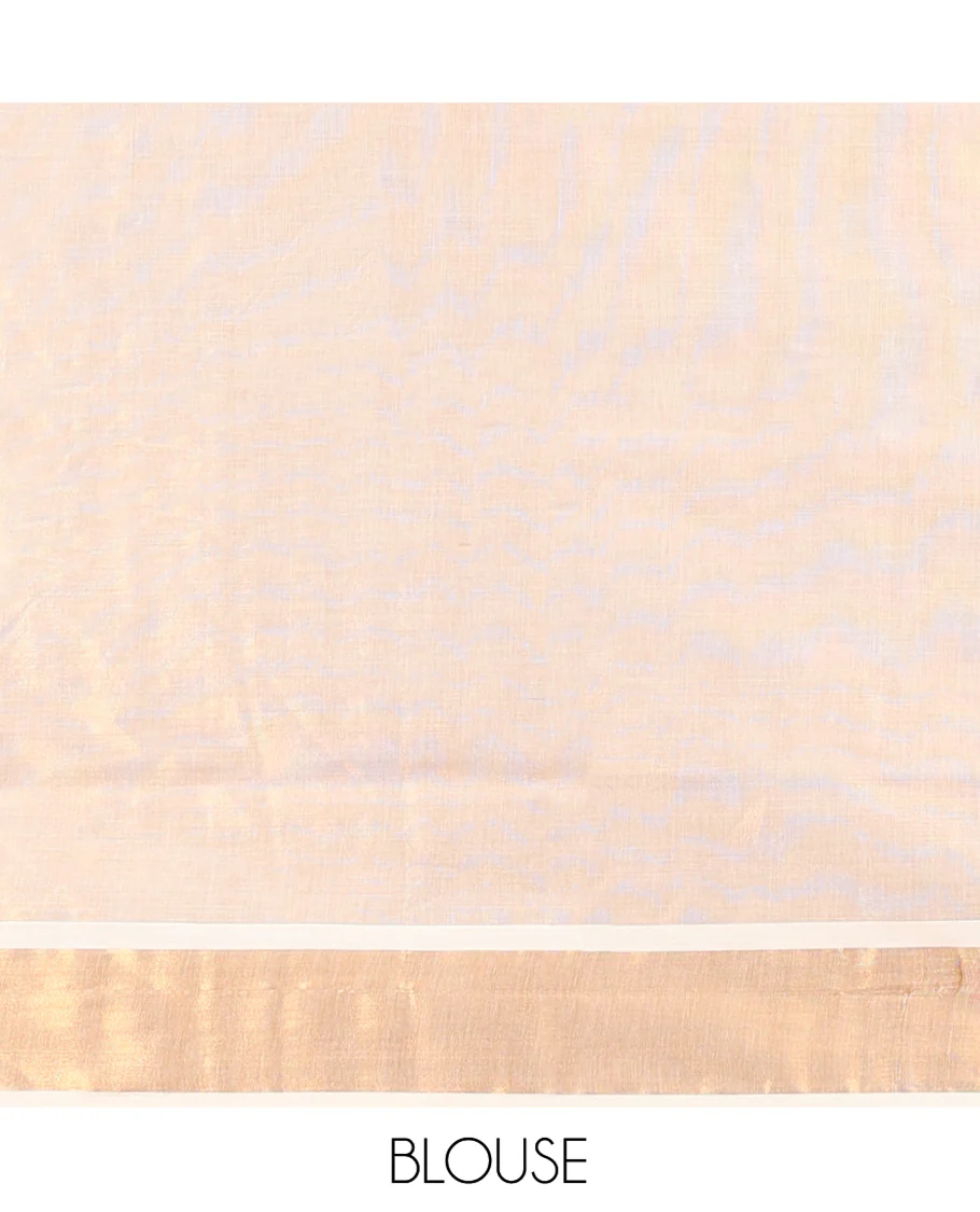 Cream Kerala Cotton Saree, Delicately Woven with Thread and Zari Buttas All Over Its Body, a Zari Bavanji Border, Pallu of Elephant Designs, and Paired with a Matching Blouse - Image 3