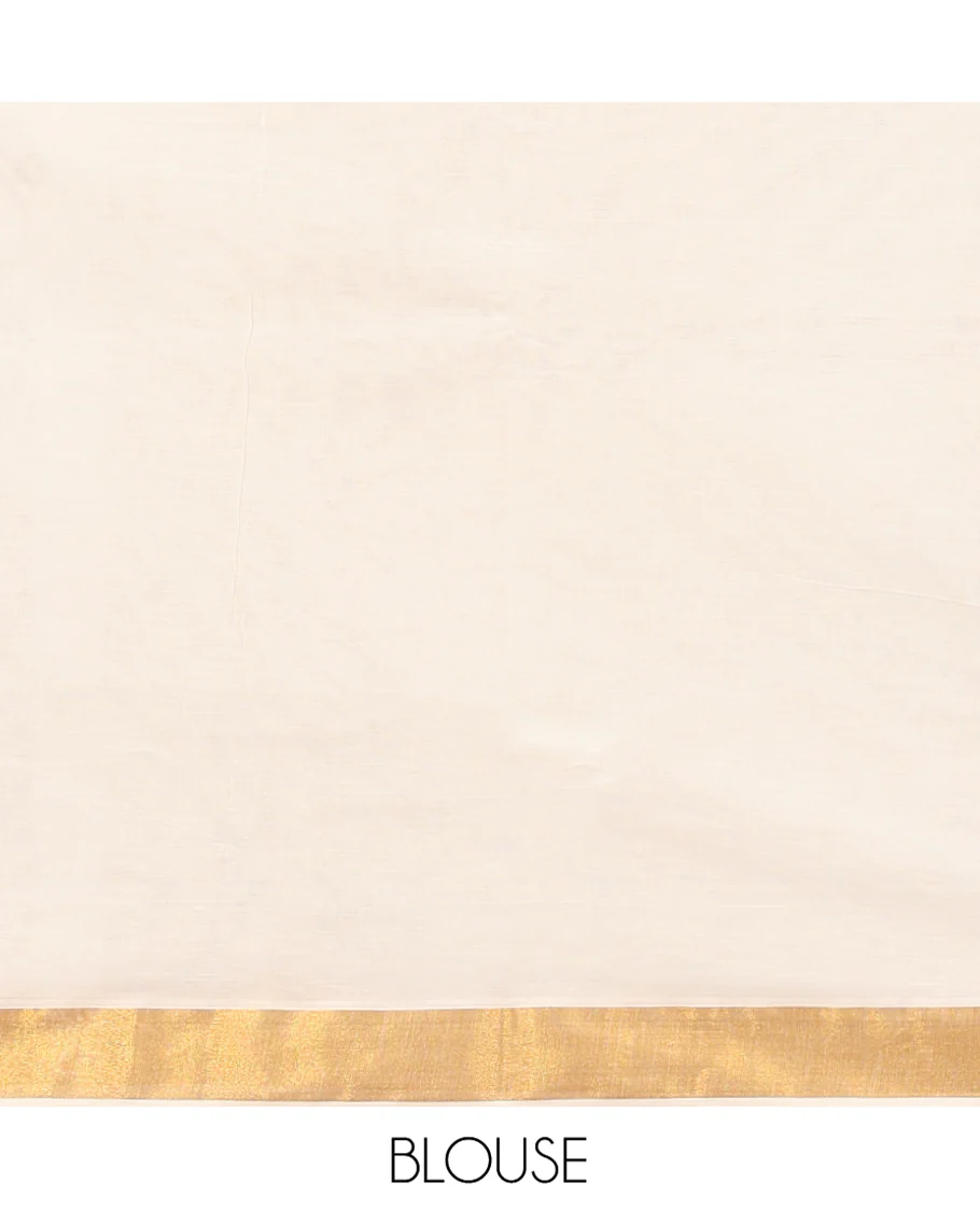 Cream Kerala Cotton Saree, Delicately Woven with Zari Stripes All Over Its Body, a Subtle Bavanji Border, Pallu Depicts Peacock Designs, and Paired with a Matching Blouse - Image 3