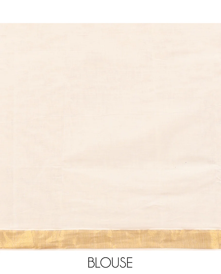 Cream Kerala Cotton Saree, Detailed with Zari Stripes All Over Its Body, a Subtle Bavanji Border, Pallu Features Peacock Designs, and Paired with a Matching Blouse - Image 3