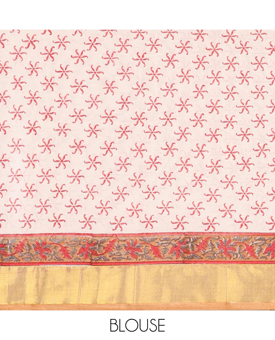 Cream Kerala Cotton Saree, Elevated with Floral Buttas Printed on Its Body, Highlighted by Gleaming Golden Zari Border, Pallu Features the Floral-Paisley Print, and Paired with a Matching Printed Blouse - Image 3