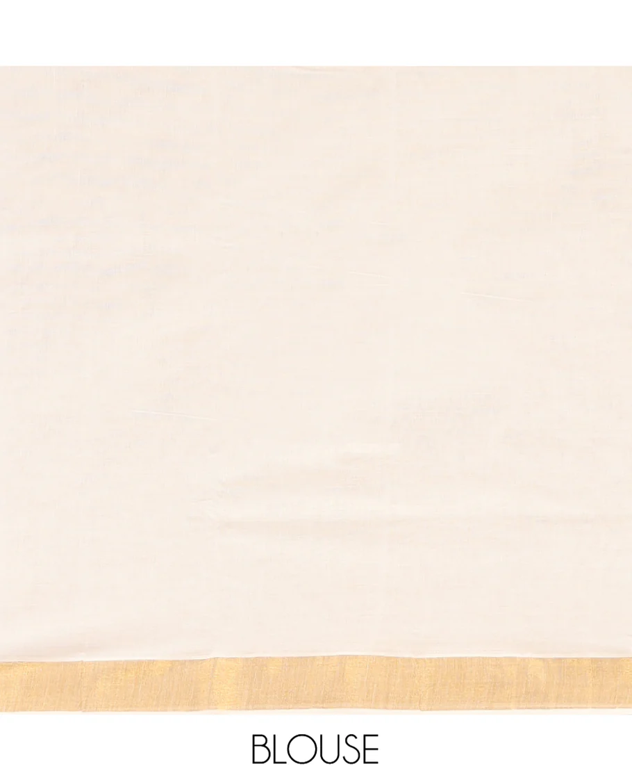 Cream Kerala Cotton Saree, Embellished with Zari Stripes All Over Its Body, a Subtle Bavanji Border, Pallu of Floral-Paisley Designs, and Paired with a Matching Blouse - Image 3