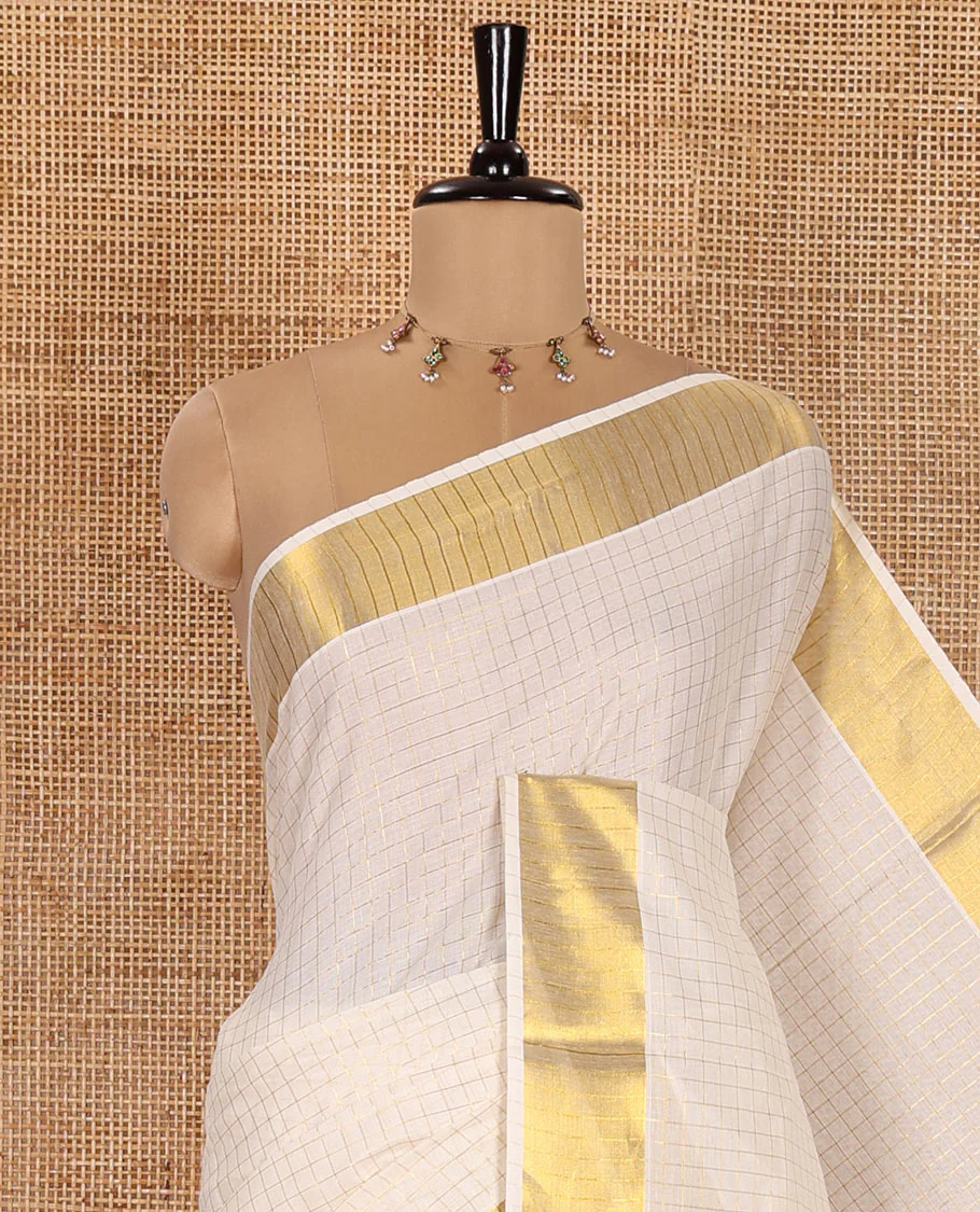 Cream Kerala Cotton Saree, Enthralled with Small-Sized Checks All Over Its Body, Subtle Bavanji Border, Scintillating Zari Design Pallu, and Paired with a Matching Blouse - Image 2