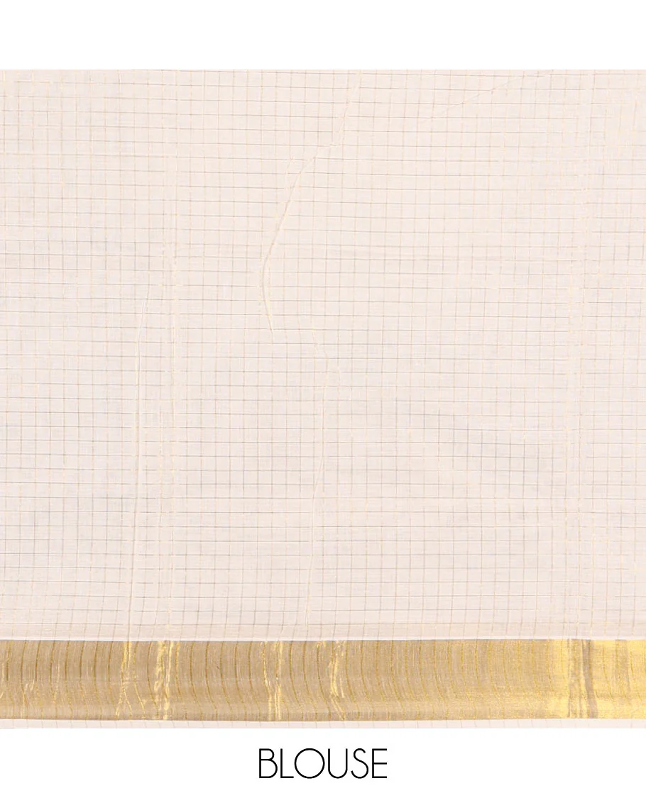Cream Kerala Cotton Saree, Enthralled with Small-Sized Checks All Over Its Body, Subtle Bavanji Border, Scintillating Zari Design Pallu, and Paired with a Matching Blouse - Image 3
