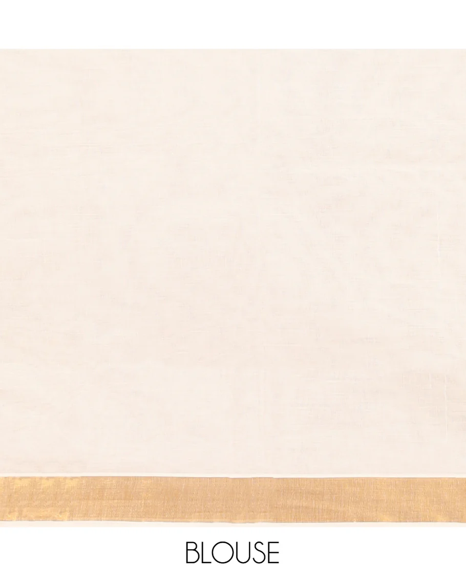 Cream Kerala Cotton Saree, Graced with Zari Buttas All Over Its Body, a Zari Bavanji Border, Pallu Woven with Peacock Designs, and Paired with a Matching Blouse - Image 3