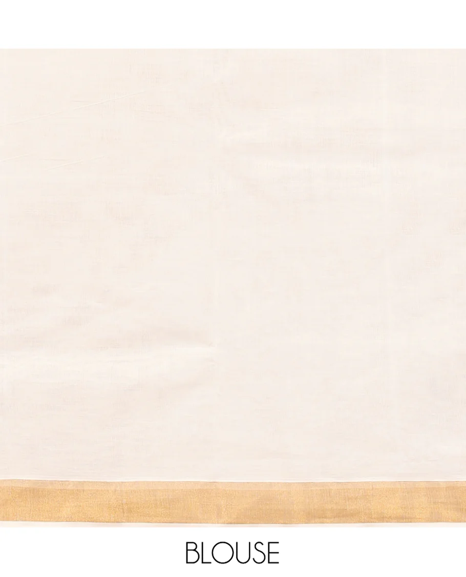 Cream Kerala Cotton Saree, Ornamented with Zari Stripes All Over Its Body, a Subtle Bavanji Border, Pallu of Paisley Designs, and Is Paired with a Matching Blouse - Image 3