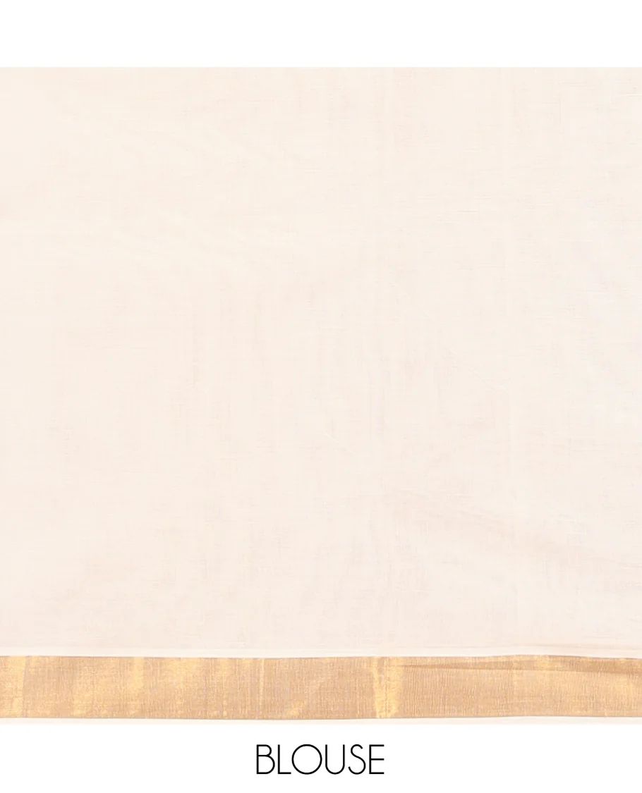 Cream Kerala Cotton Saree, Showcasing Zari Buttas All Over Its Body, a Zari Bavanji Border, Pallu of Peacock Designs, and Paired with a Matching Blouse - Image 3