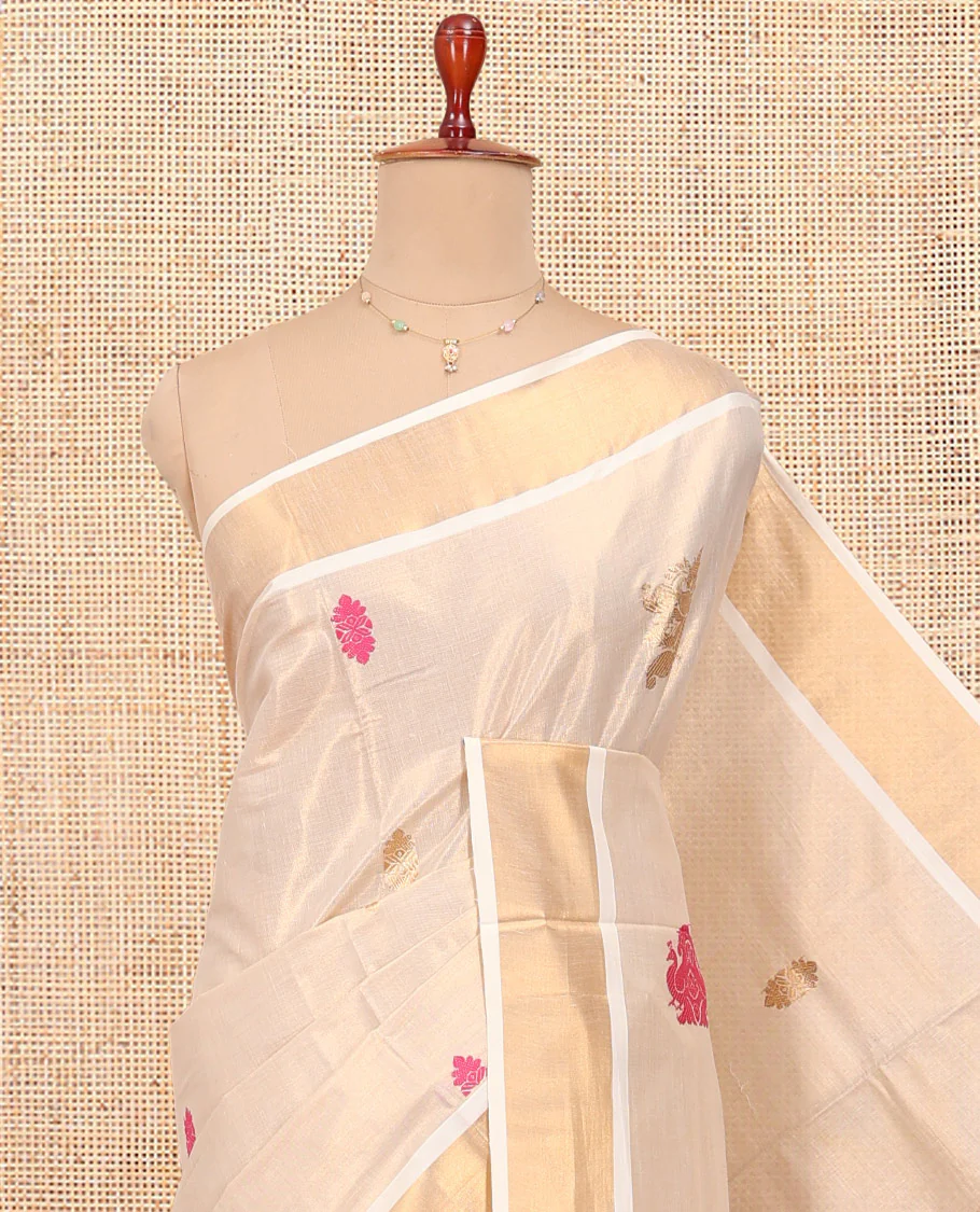 Cream Kerala Cotton Saree, Spotlighted with Thread and Zari Buttas All Over Its Body, a Zari Bavanji Border, Pallu of Elephant Designs, and Paired with a Matching Blouse - Image 2