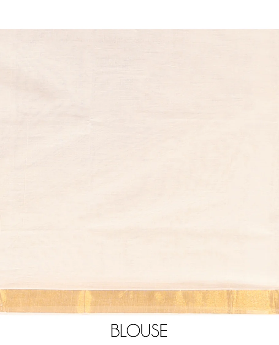 Cream Kerala Cotton Saree, Steeped with Zari Buttas All Over Its Body, a Subtle Bavanji Border, Pallu Features Stripes and Buttas, and Is Paired with a Matching Blouse - Image 3