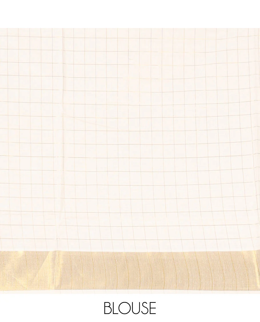 Cream Kerala Cotton Saree Subtly Woven with Checks All Over Its Body, Zari Bavanji Border, Zari Woven Pallu, and Paired with a Matching Blouse - Image 2