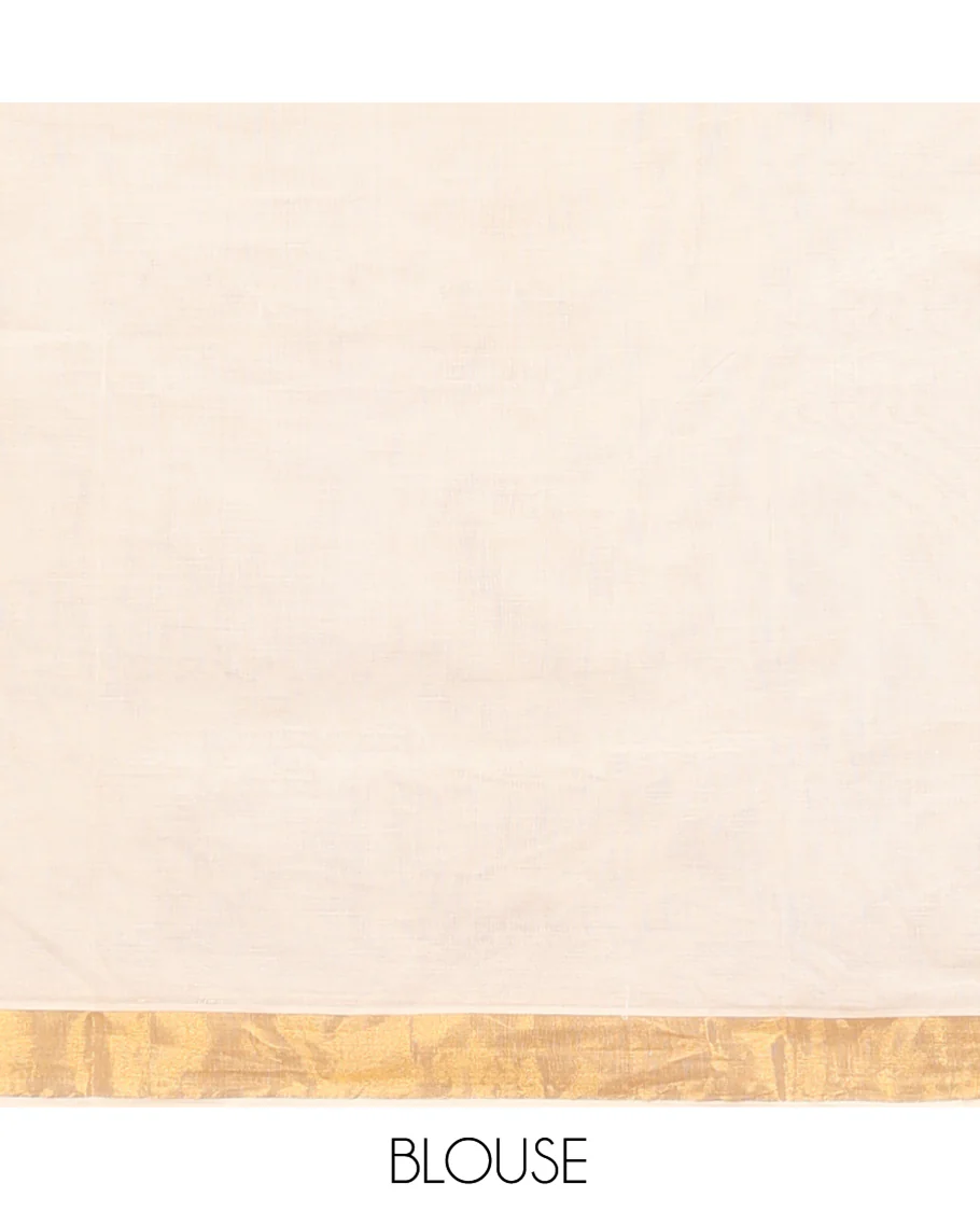 Cream Kerala Cotton Saree, Woven with Zari Buttas All Over Its Body, a Zari Bavanji Border, Pallu of Zari Designs, and Paired with a Matching Blouse - Image 3