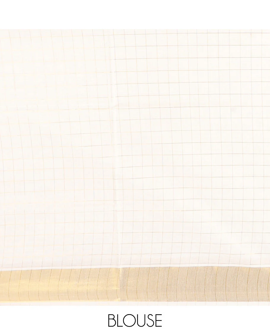 Cream Kerala Cotton Saree Woven with Zari Checks All Over Its Body, Zari Bavanji Border, Gleaming Zari Checked Pallu, and Paired with a Matching Blouse - Image 2
