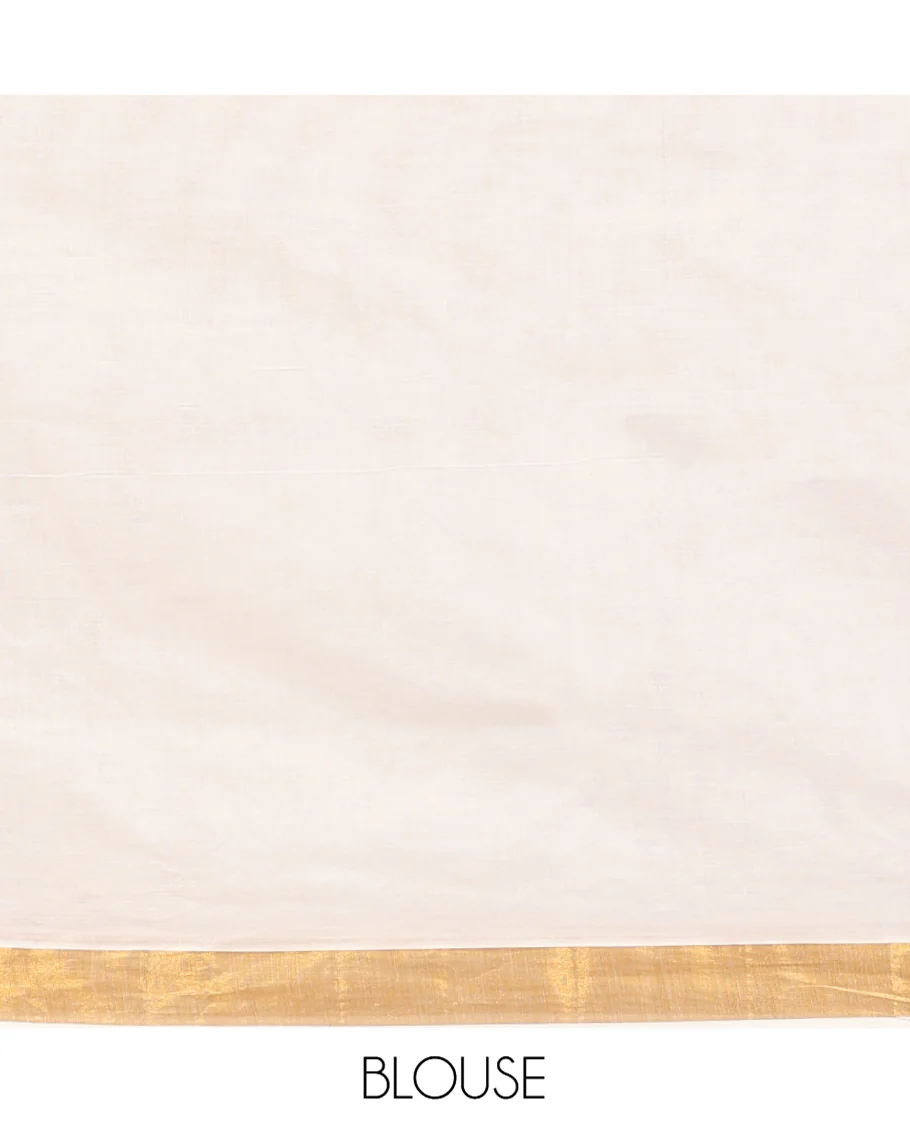 Cream Kerala Cotton Saree, Woven with Zari Stripes All Over Its Body, a Subtle Bavanji Border, Pallu Depicts Intricate Designs, and Paired with a Matching Blouse - Image 3