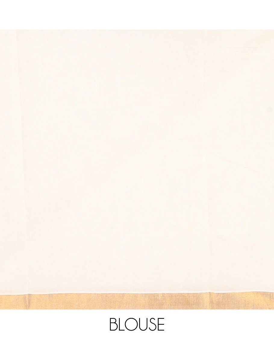 Cream Kerala Saree, Detailed with Zari Stripes on Its Body, Bavanji Zari Border, Artfully Zari Woven Pallu of Peacock Designs, and Paired with a Matching Blouse - Image 2