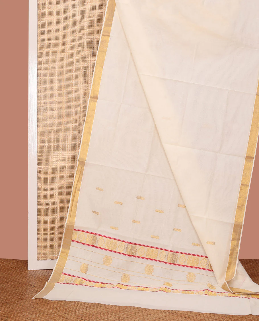 Cream Kerala Saree, Enthralled with Zari Buttas on Its Body, Bavanji Zari Border, Sparkling Pallu of Zari Designs, and Paired with a Matching Blouse