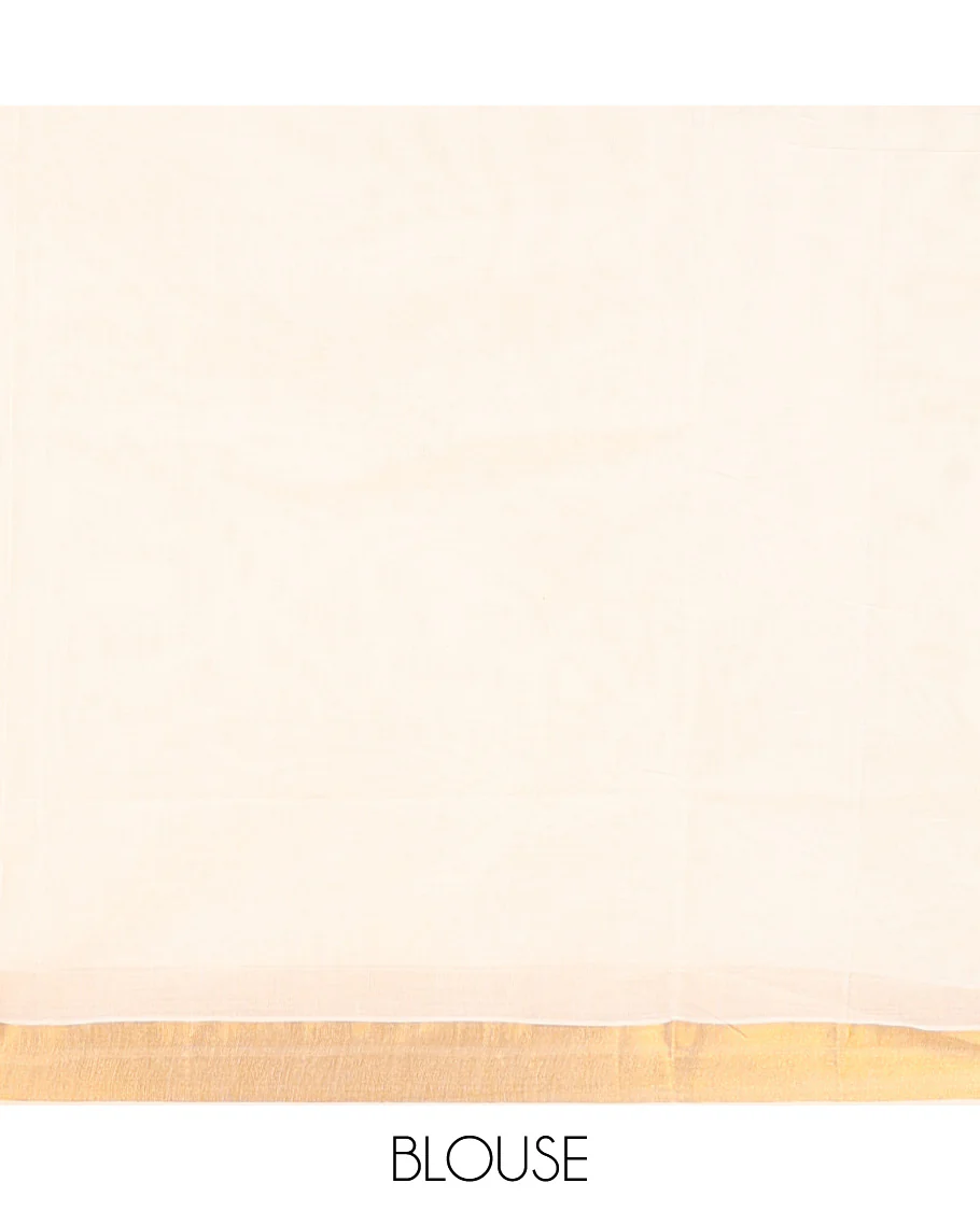 Cream Kerala Saree, Ornamented with Zari Buttas on Its Body, Subtly Sparkled Bavanji Border, Pallu Woven in Zari Peacock Designs, and Paired with a Matching Blouse - Image 2