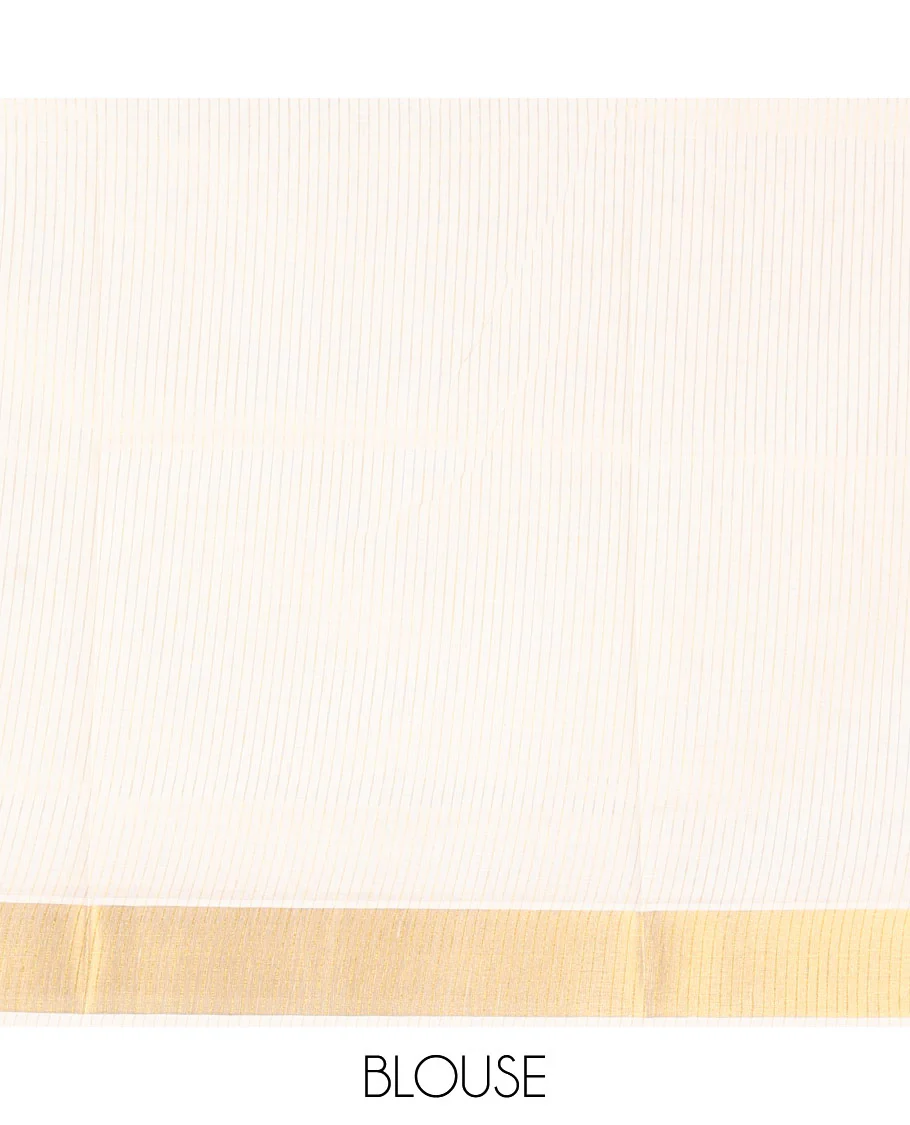 Cream Kerala Saree, Sparsely Woven with Stripes on Its Body, Zari Border, Gleaming Zari Woven Pallu, and Paired with a Matching Blouse - Image 2