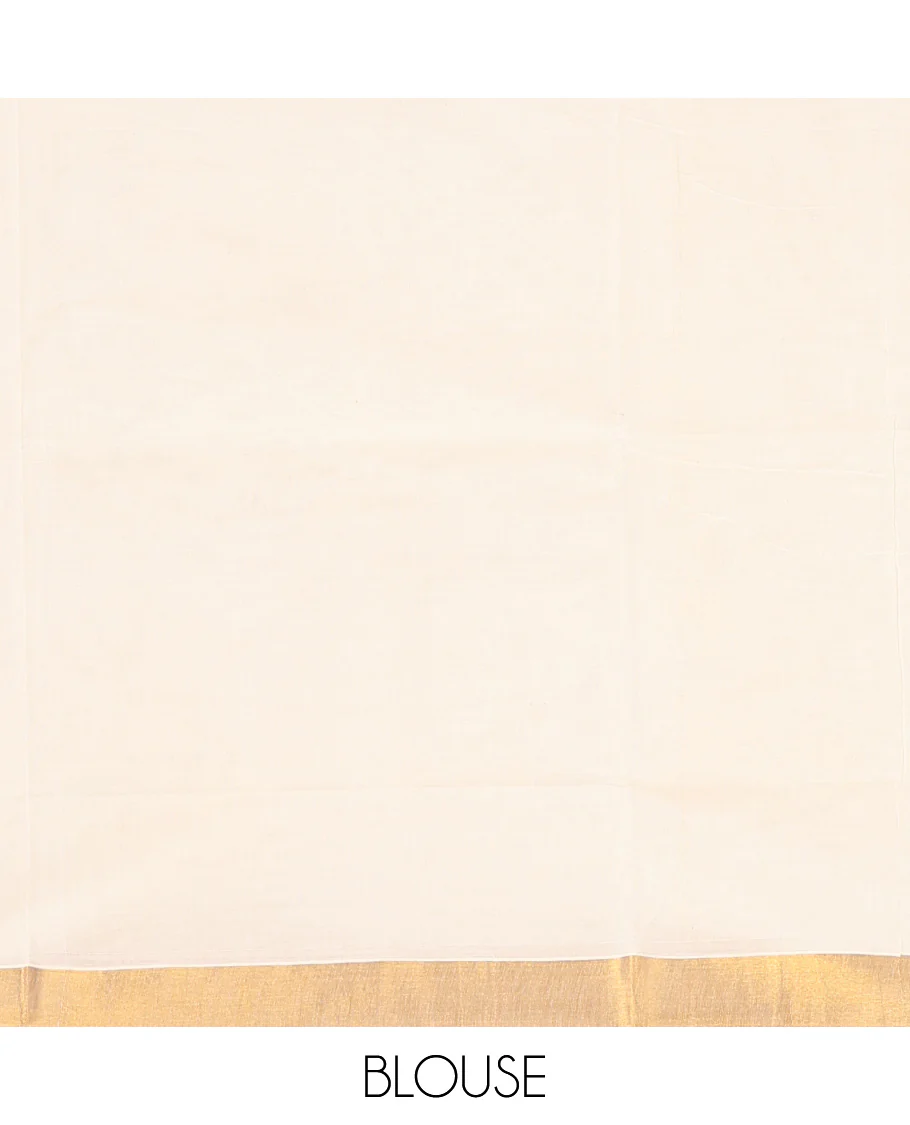 Cream Kerala Saree, Subtly Enriched with Zari Buttas on Its Body, Bavanji Zari Border, Sparkling Pallu of Zari Designs, and Paired with a Matching Blouse - Image 2