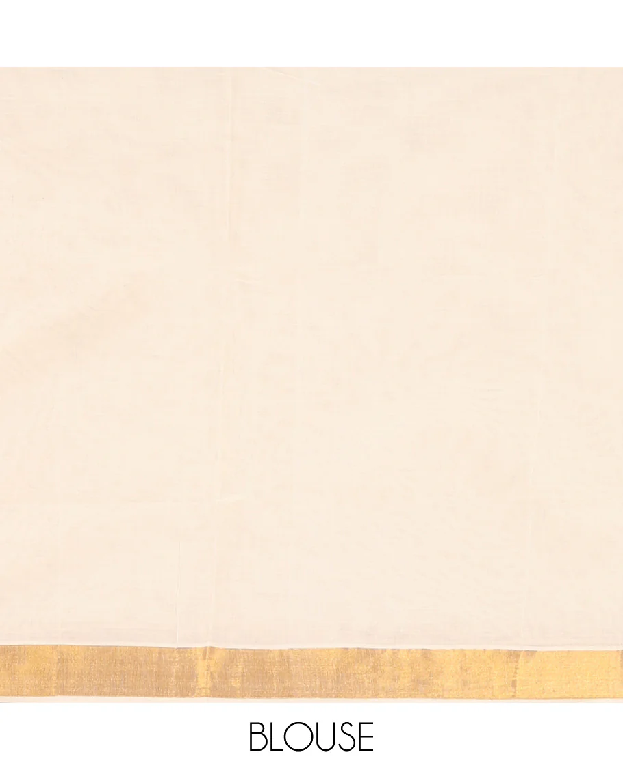 Cream Kerala Saree, Subtly Woven with Zari Buttas on Its Body, Bavanji Zari Border, Sparkling Zari-Woven Pallu of Intricate Designs, and Paired with a Matching Blouse - Image 2