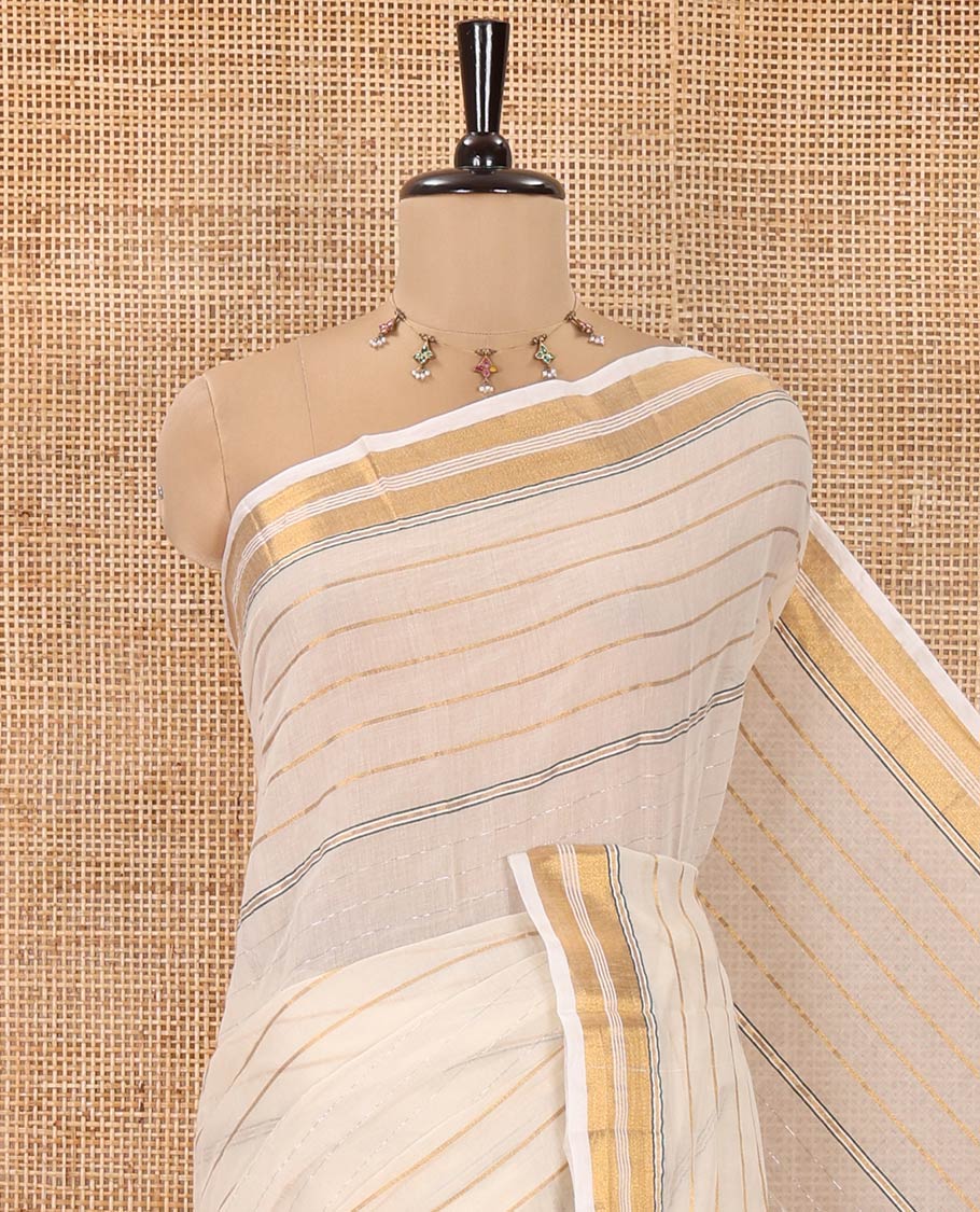 Cream Khadi Mul Cotton Saree, Woven with Horizontal Stripes On Its Body, Subtle Zari Border, Stripes Pallu, and Paired with a Matching Blouse - Image 2