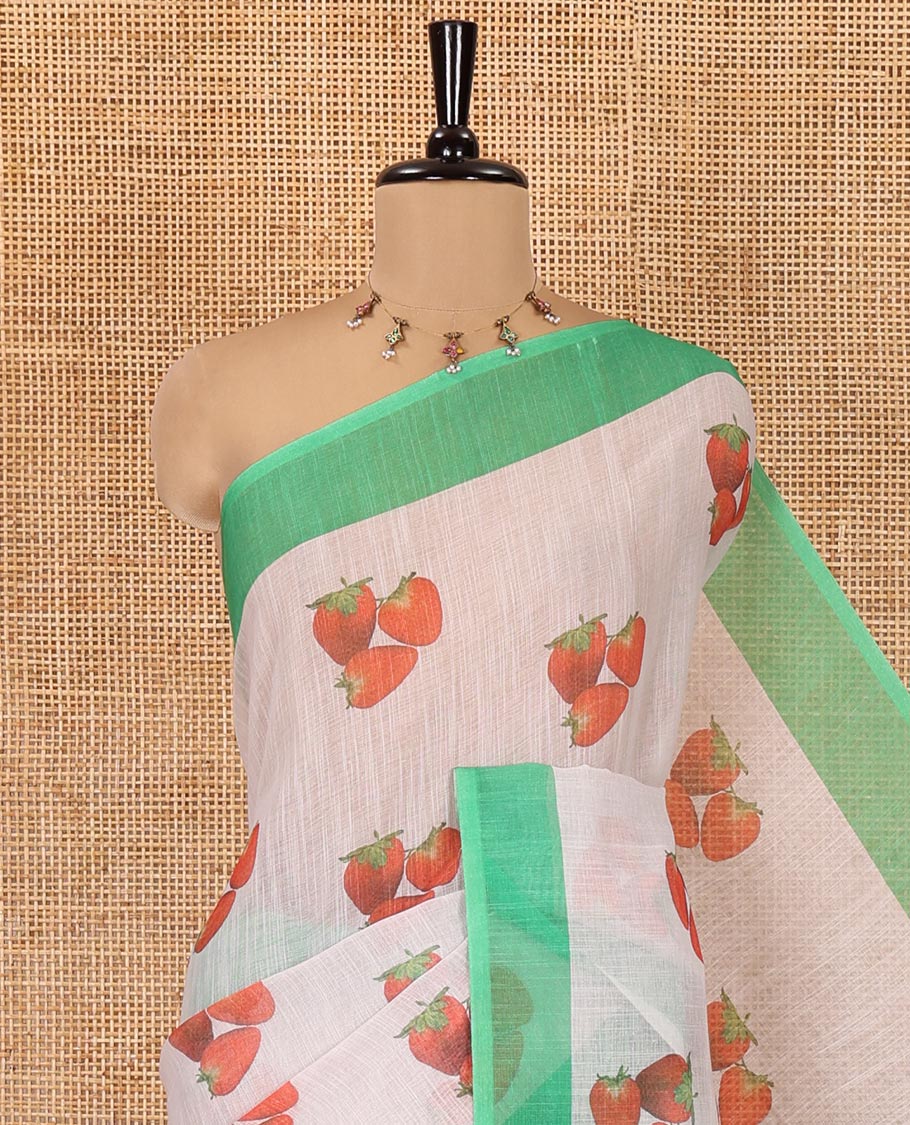 Cream Linen Cotton Saree, Artfully Printed with Stawberry Motifs All Over Its Body, Complemented by a Contrast Border, Checked Design-Printed Pallu, and Paired with a Contrast Blouse - Image 2