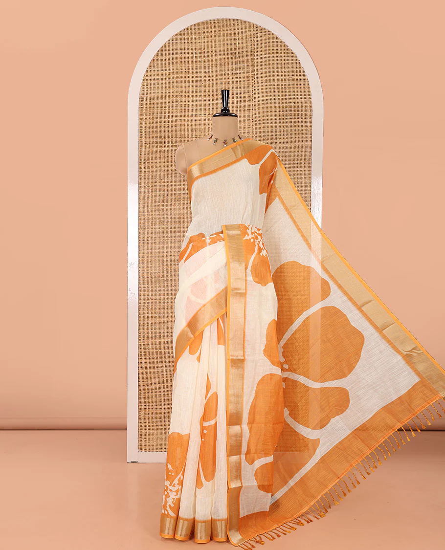 Cream Linen Cotton Saree, Beautified with Floral Print All Over Its Body, Complemented by a Contrast Zari Bavanji Border, Floral Printed Pallu, and Paired with a Matching Blouse