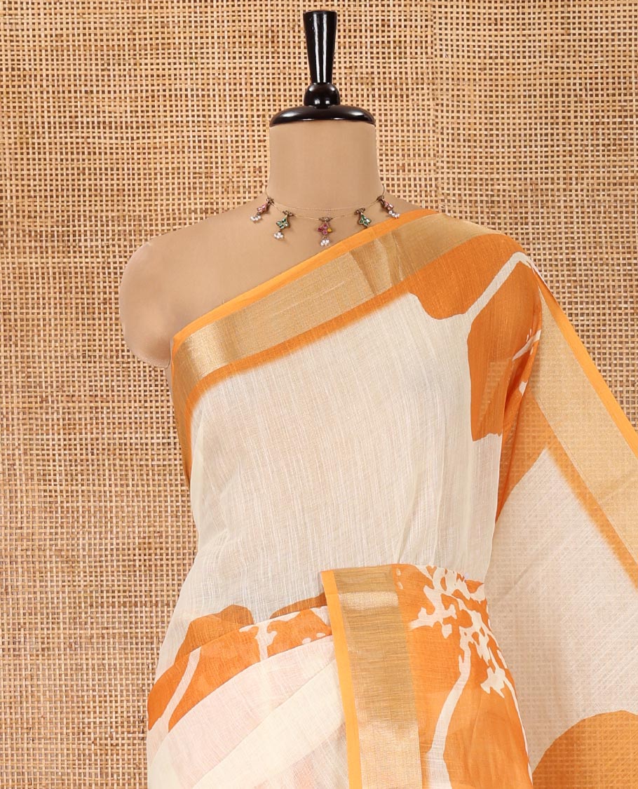 Cream Linen Cotton Saree, Beautified with Floral Print All Over Its Body, Complemented by a Contrast Zari Bavanji Border, Floral Printed Pallu, and Paired with a Matching Blouse - Image 2