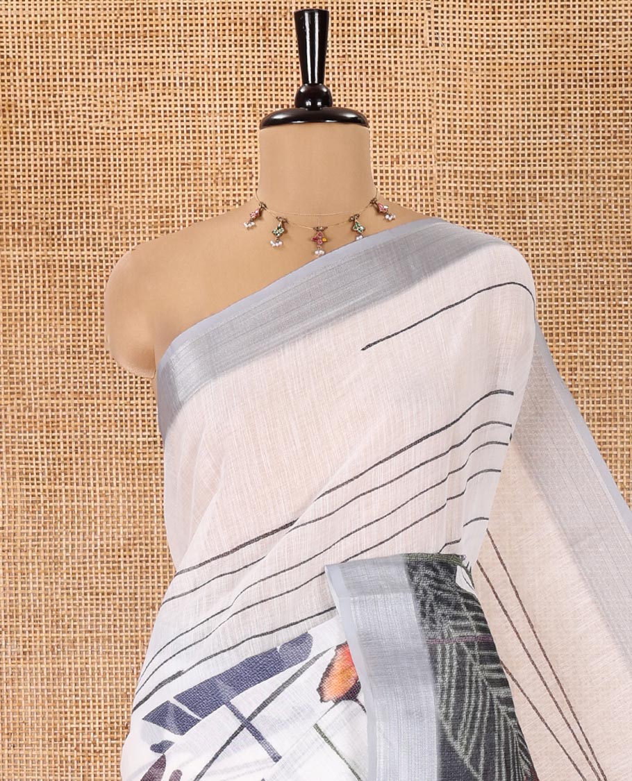 Grey Linen Cotton Saree, Beautified with Tropical Floral Print on Its Body, Complemented by a Contrast Plain Border, Floral Printed Pallu, and Paired with a Contrast Blouse - Image 2