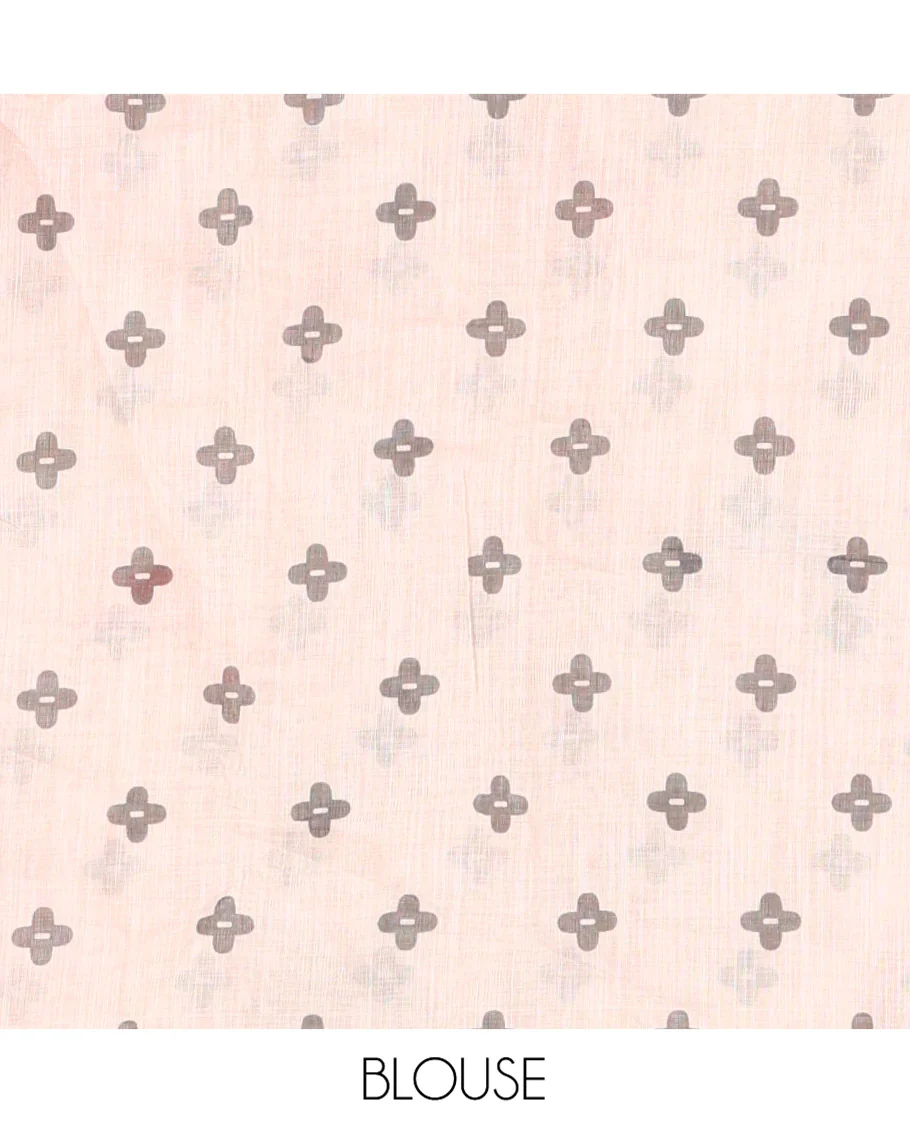 Cream Linen Cotton Saree, Steeped in the Richness of Nature-Themed Motifs Like Bird, Owl, and Tree, a Subtle Piping Border, Pallu of Tree Motifs, and Paired with a Matching Blouse - Image 3