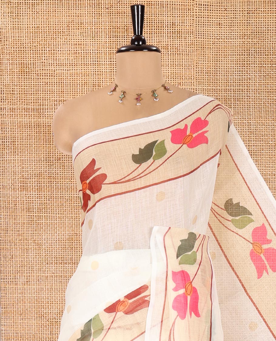 Cream Linen Cotton Saree, Subtly Sparkled with Zari Buttas All Over Its Body, Highlighted by Contrast Floral Creeper Design Border, Subtle Pallu and Paired with a Striped Blouse - Image 2
