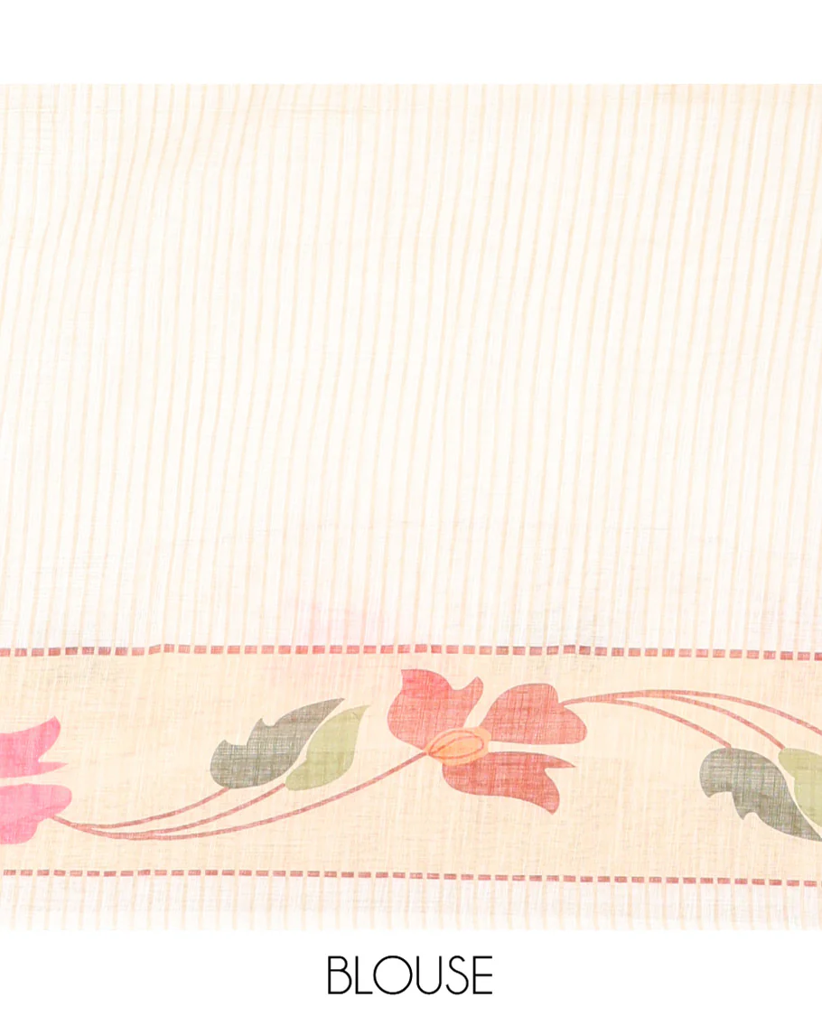 Cream Linen Cotton Saree, Subtly Sparkled with Zari Buttas All Over Its Body, Highlighted by Contrast Floral Creeper Design Border, Subtle Pallu and Paired with a Striped Blouse - Image 3