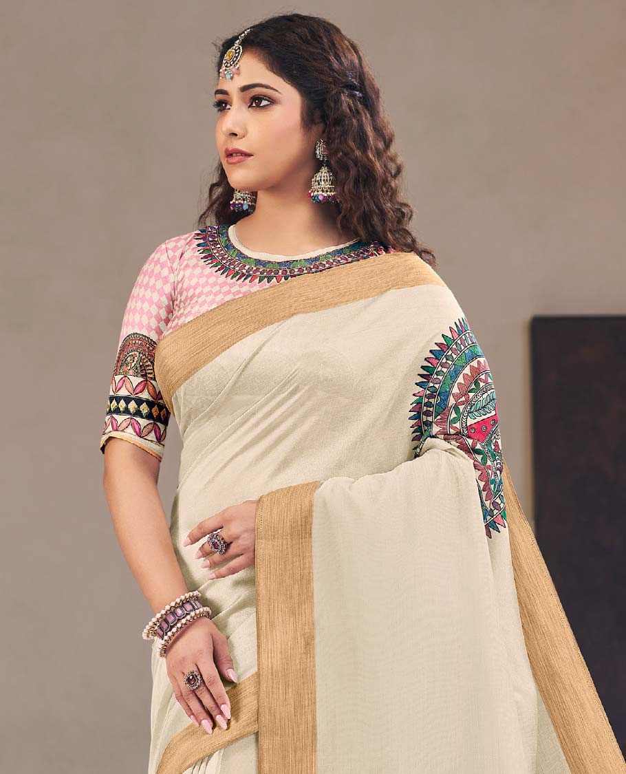 Cream Madhubani printed designer catalog saree, bavanji border, and Madhubani printed pallu of floral and human figurine - Image 2