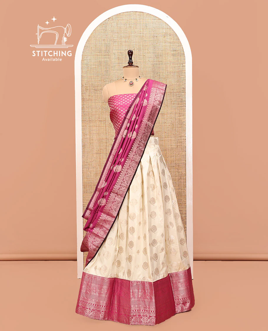 Cream-Magenta Art Silk Half Saree, Embellished with Zari Buttas Skirt, Contrast Traditional Border, Jacquard Blouse, and a Contrast Banaras Dhavani