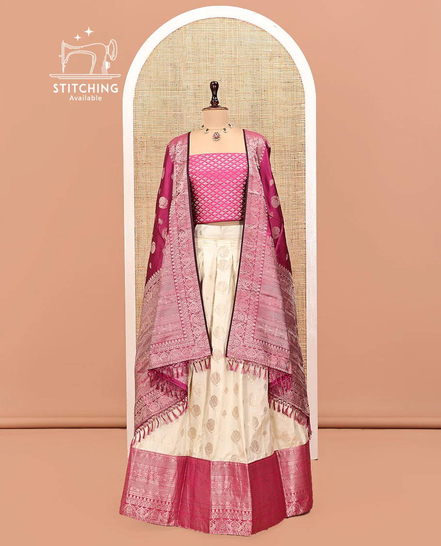Cream-Magenta Art Silk Half Saree, Embellished with Zari Buttas Skirt, Contrast Traditional Border, Jacquard Blouse, and a Contrast Banaras Dhavani - Image 2