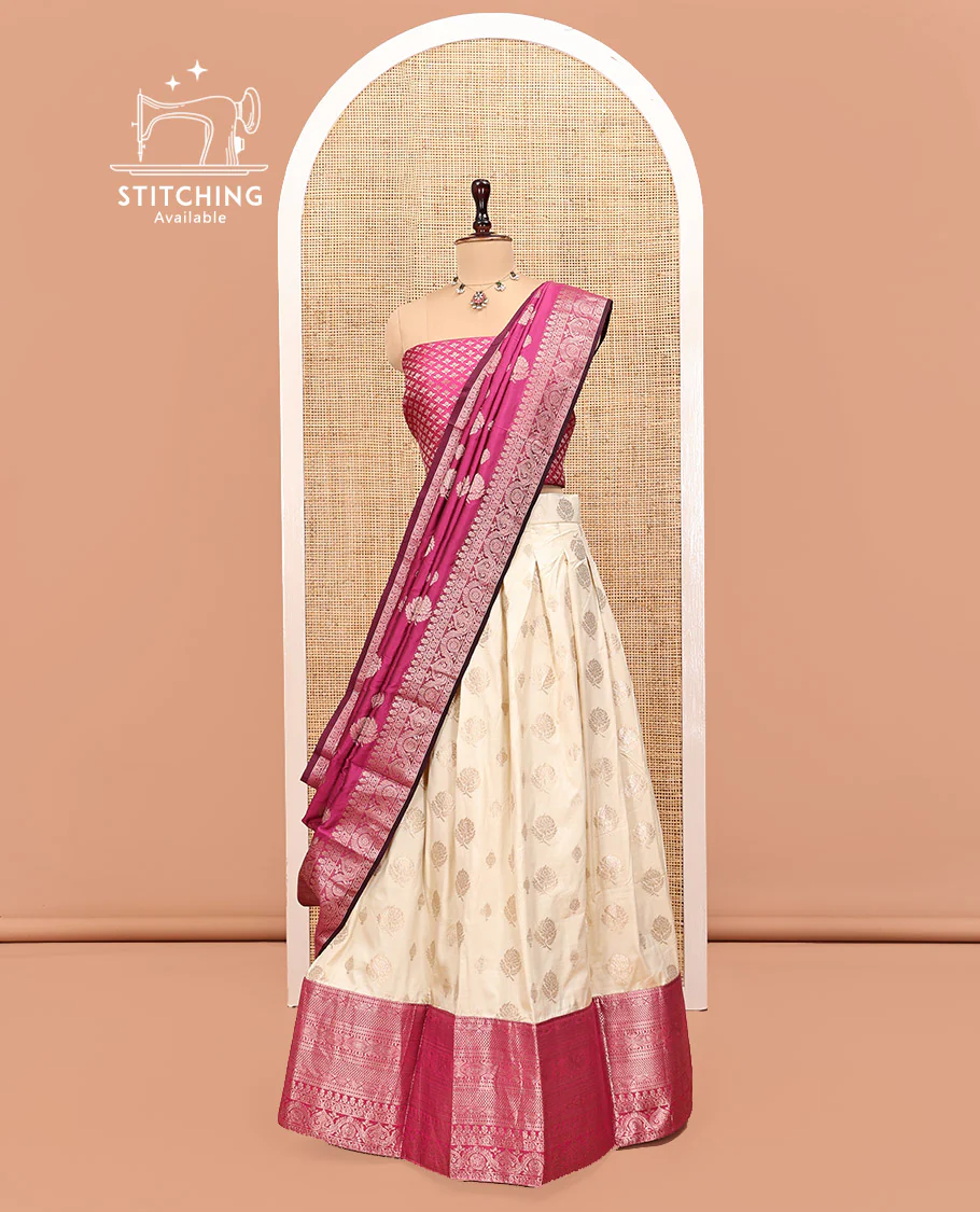 Cream-Magenta Art Silk Half Saree, Embellished with Zari Buttas Skirt, Contrast Traditional Border, Jacquard Blouse, and a Contrast Banaras Dhavani - Image 3