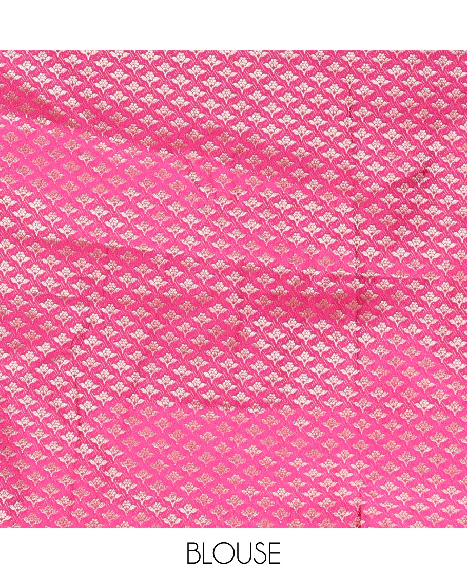 Cream-Magenta Art Silk Half Saree, Embellished with Zari Buttas Skirt, Contrast Traditional Border, Jacquard Blouse, and a Contrast Banaras Dhavani - Image 4