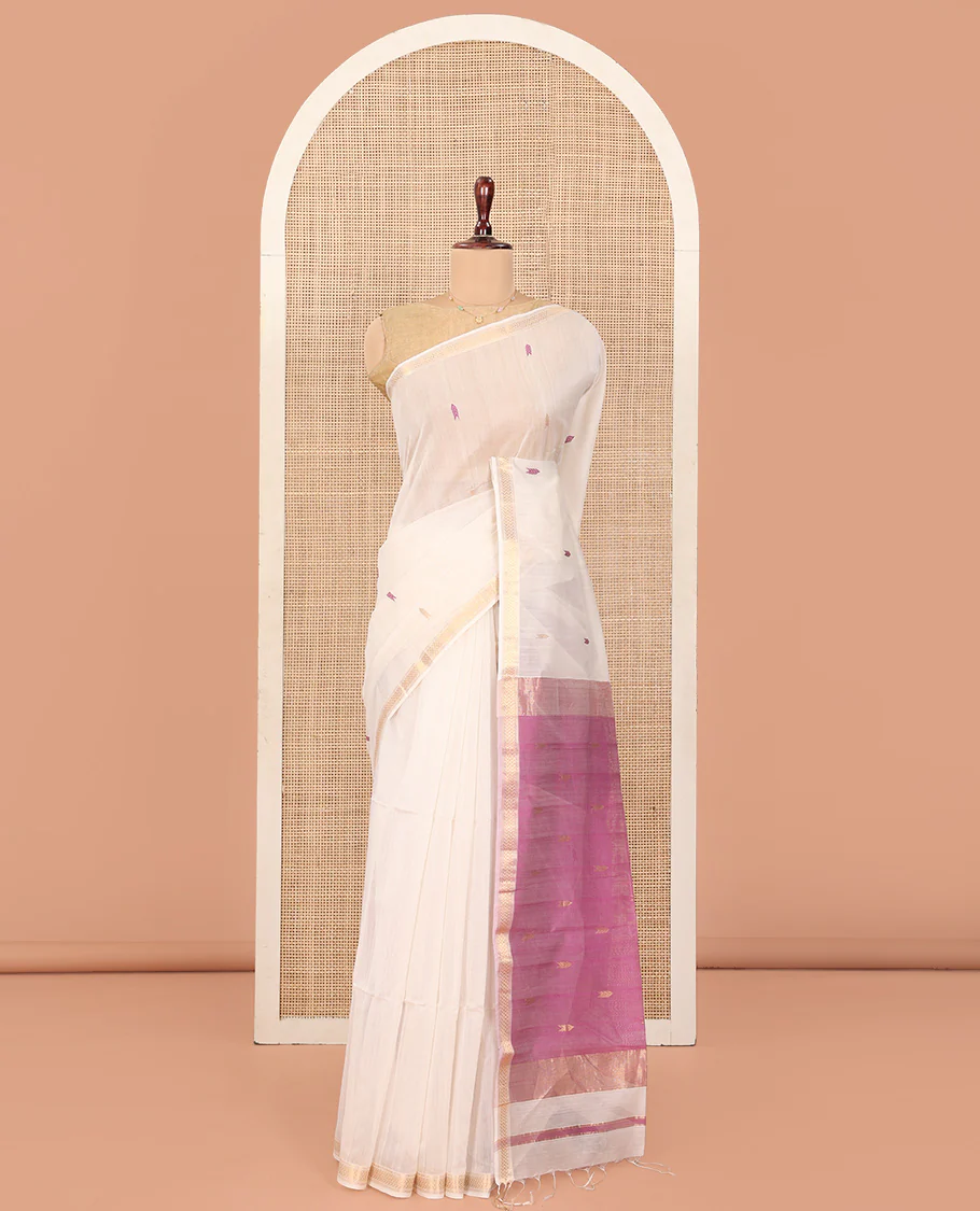 Cream Maheshwari Cotton Saree, Beautified with Thread Buttas All Over Its Body, Highlighted by Zari Piping Chevron Design Border, Captivating Contrast Pallu of Buttas, and Paired with a Contrast Blouse - Image 2