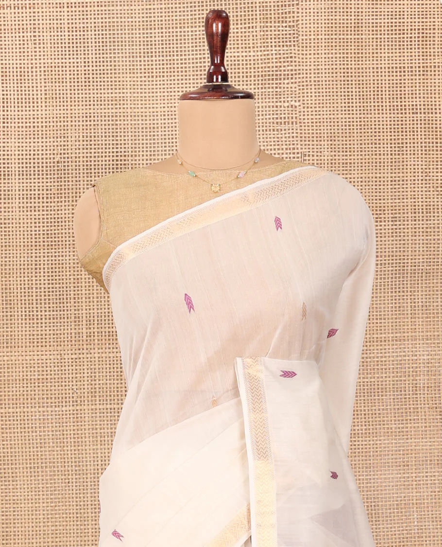 Cream Maheshwari Cotton Saree, Beautified with Thread Buttas All Over Its Body, Highlighted by Zari Piping Chevron Design Border, Captivating Contrast Pallu of Buttas, and Paired with a Contrast Blouse - Image 3