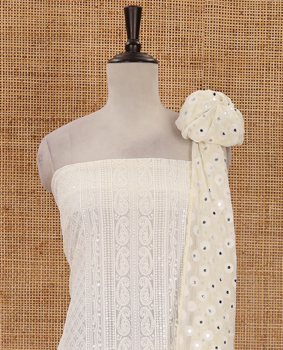 Cream material chudidar set,  floral, paisley & geometric schiffli embroidered georgette top & orginal mirror embroidered georgette dupatta - Image 4
