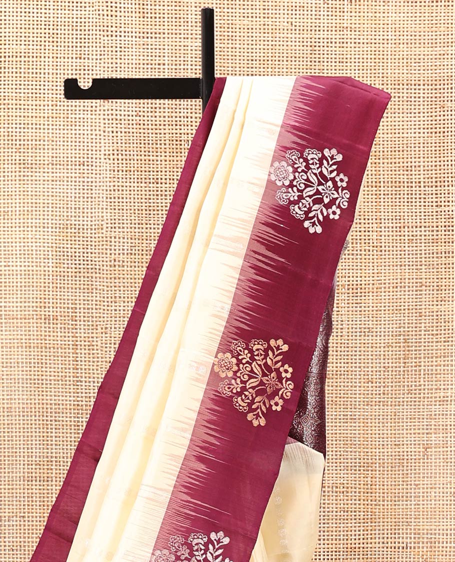 Cream Mayuri Soft Silk Saree, Subtly Sparkled With Buttas All Over Its Body, Complemented by Contrast Border of Zari Buttas, Intricately Designed Pallu and Paired with a Contrast Blouse - Image 3
