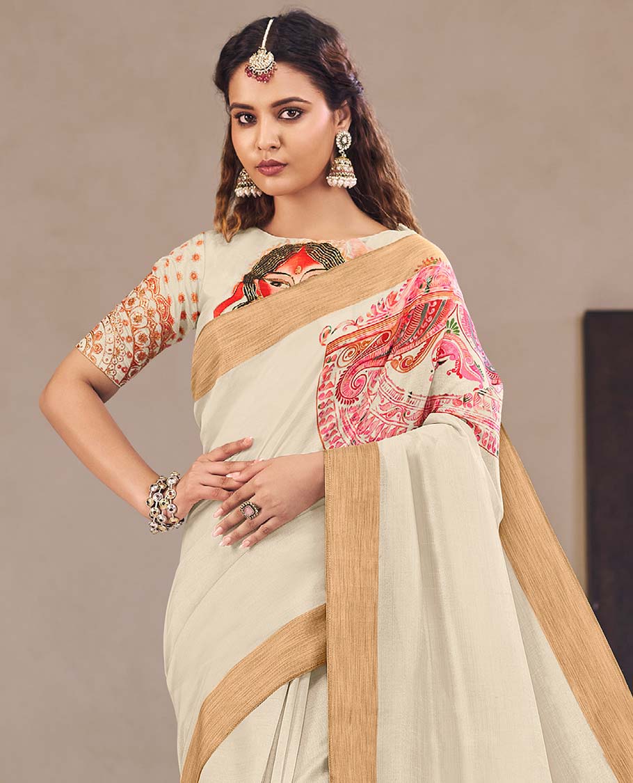 Cream paisley printed designer catalog saree, bavanji border, and pallu features women celebrating holi design print - Image 2