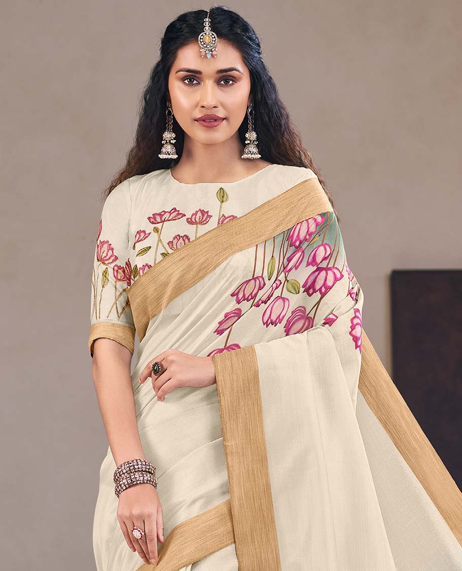 Cream pichwai lotus printed designer catalog saree, bavanji border, and painting style pichwai lotus printed pallu - Image 2