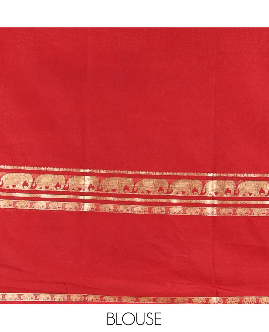 Cream Plain Art Mysore Silk Saree, Complemented by Captivating Contrast Rettai Pettu Traditional Border of Elephant Zari Buttas, Striped Pallu, and Paired with a Contrast Blouse - Image 4