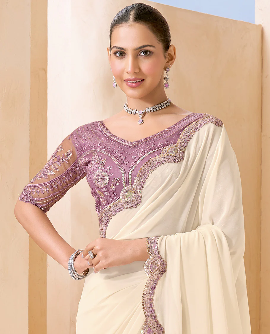 Cream Plain Designer Saree, Scallop Embroidered Border, a Self-Pallu, and Paired with a Contrast Intricately Embroidered Blouse - Image 2