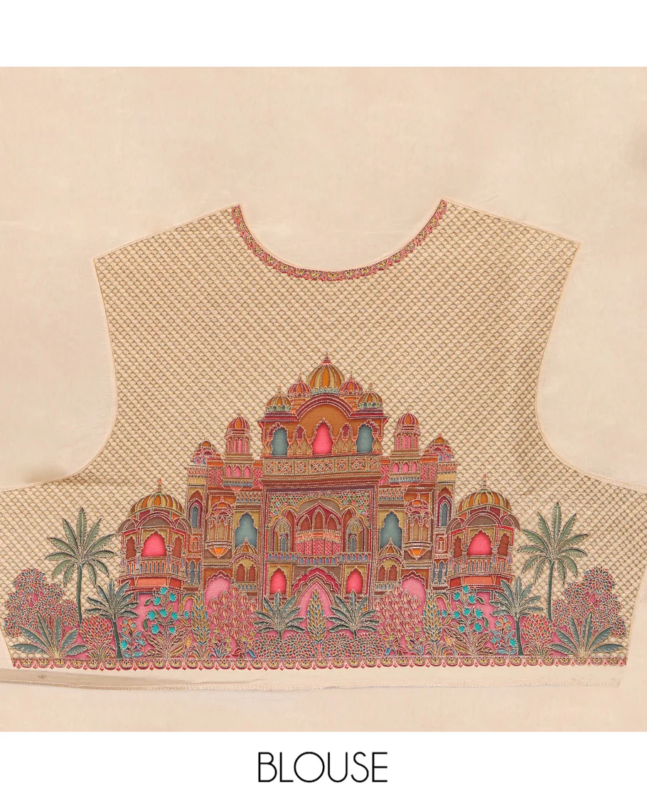Cream Plain Dola Silk Saree, Complemented by Captivating Contrast Border of Meenakari-style Mughal Human Figurines, Pallu Artfully Pictures Mughal Human Figurines, and Paired with a Matching Blouse - Image 8