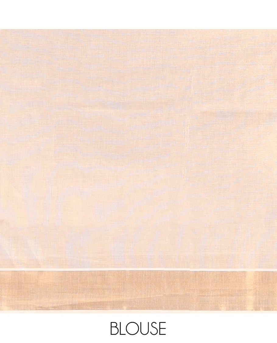 Cream Plain Kerala Cotton Saree, a Zari Bavanji Border, a Self-Pallu, and Paired with a Matching Blouse - Image 3