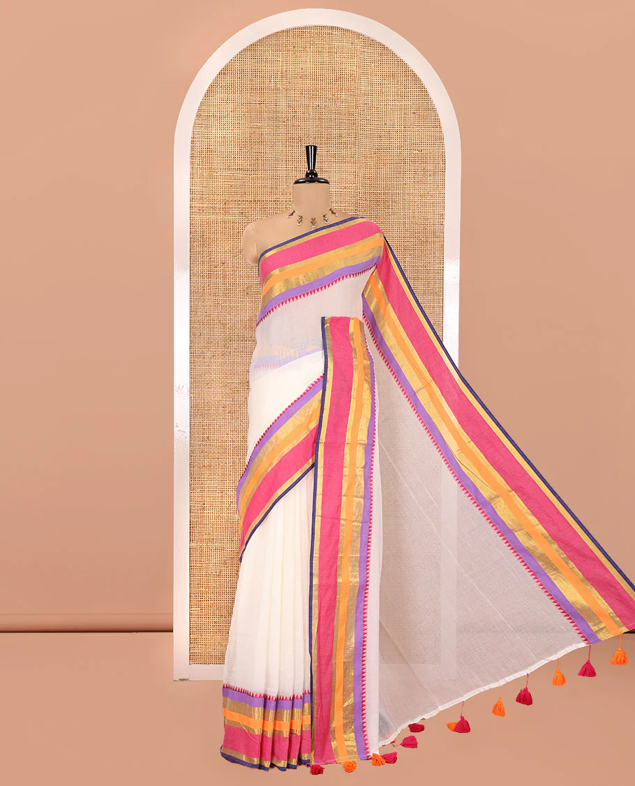 Cream Plain Khadi Mul Cotton Saree, Complemented by a Contrast Multi-Colored Temple Border, a Self-Pallu, and Paired with a Matching Blouse