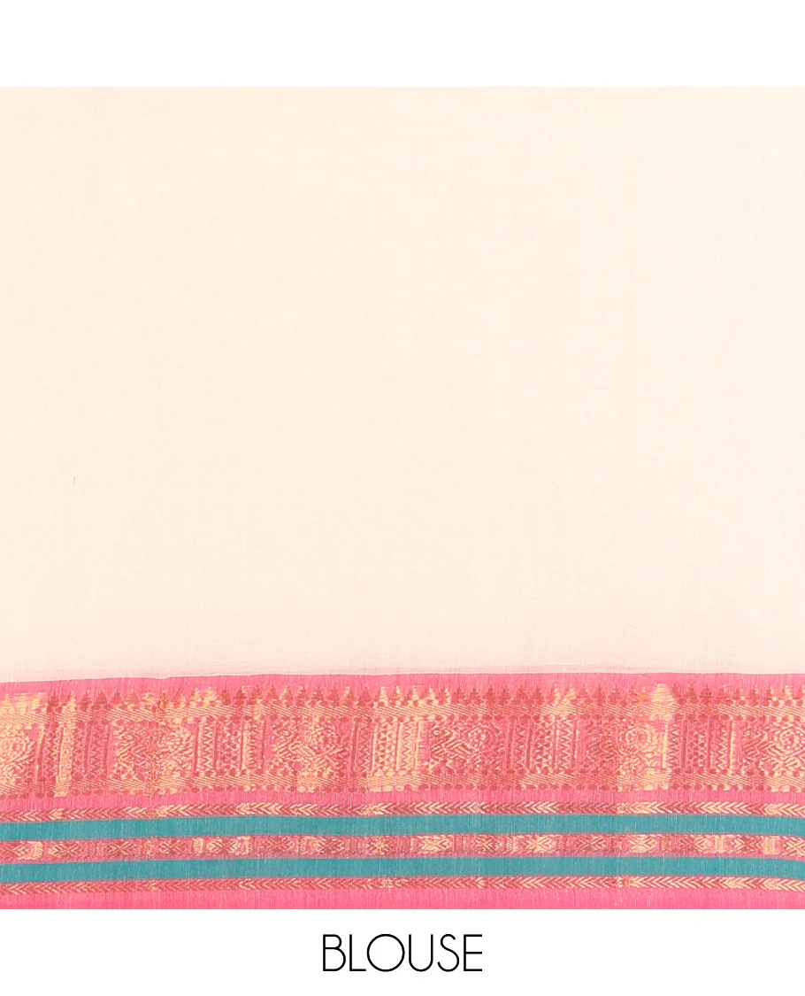 Cream Plain Khadi Mul Cotton Saree, Complemented by a Contrast Traditional Zari Design Border, a Self-Pallu, and Paired with a Matching Blouse - Image 3